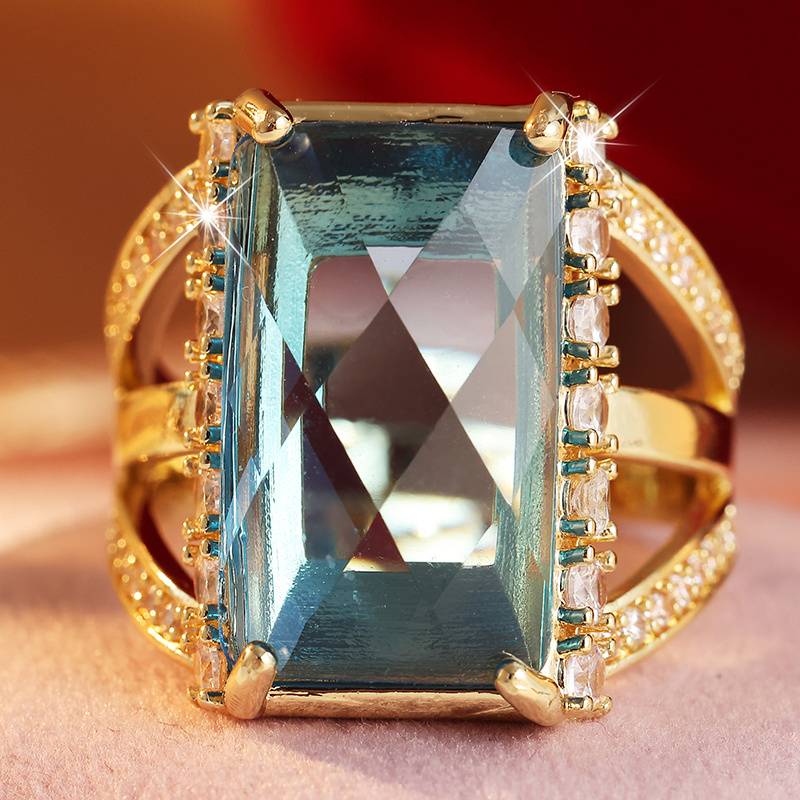 Hollowed-Out Double-Layer Wide Face Ring, Sea Blue Zirconia